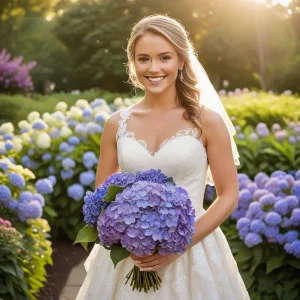 Beautiful bride holding a lush purple hydrangea wedding bouquet outdoors, showcasing trending purple and blue wedding flowers for 2025.