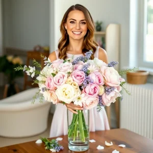 Smiling bride holding a large bouquet of pastel roses and peonies, showcasing elegant wedding flower arrangements for a romantic outdoor ceremony.
