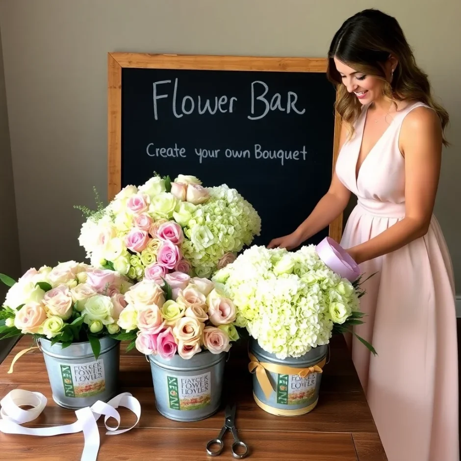 Beautiful woman setting up a flower bar with buckets of fresh bulk flowers including roses, hydrangeas, and carnations for a wedding or party event.