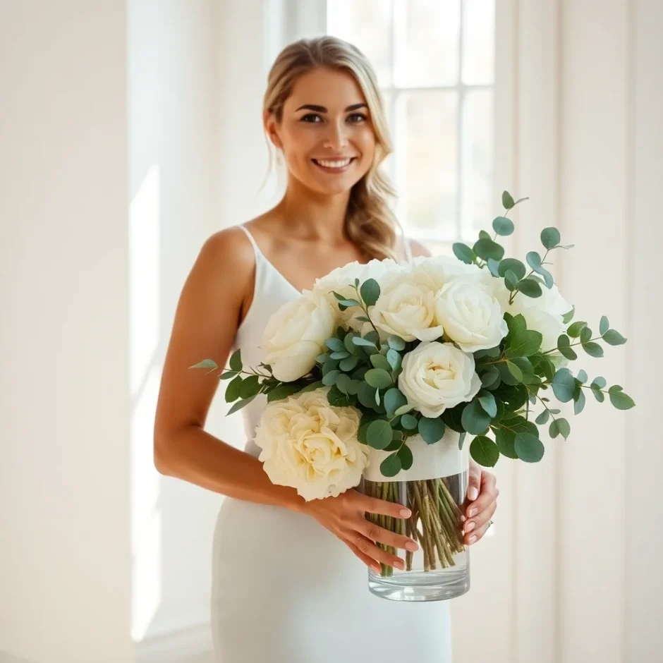 Elegant bride holding a lush bouquet of white roses, peonies, and eucalyptus greenery, showcasing the timeless beauty of white and greenery wedding flowers.