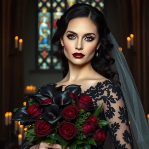 Gothic bride with dark burgundy roses and black calla lilies bouquet, styled in dramatic wedding flowers for a moody gothic ceremony.