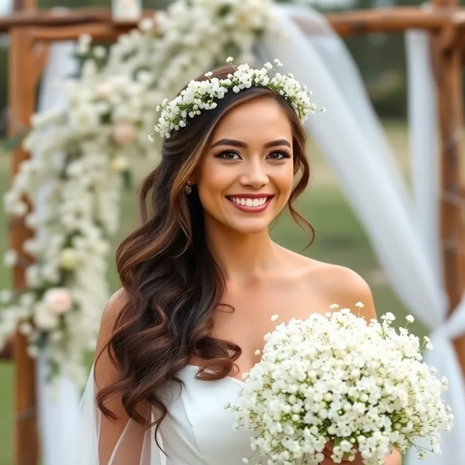 Smiling bride holding a lush bouquet of Baby’s Breath wedding flowers, showcasing the delicate white blooms as a feature bouquet for modern weddings.