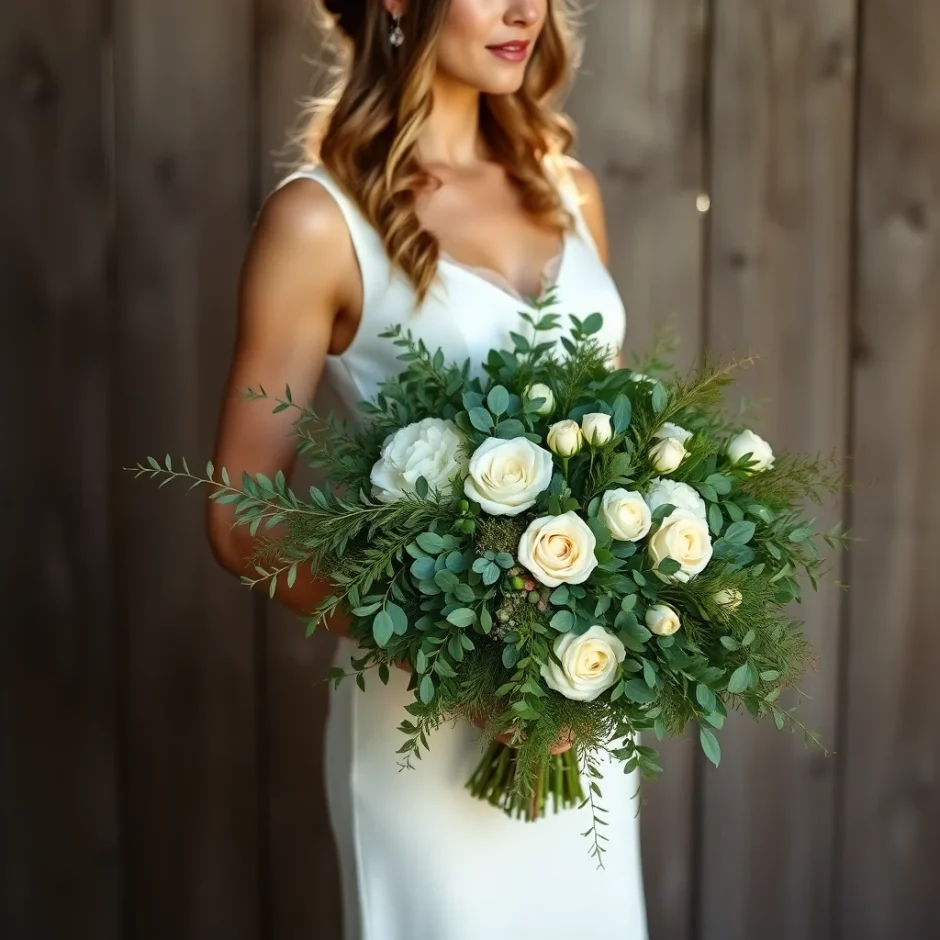 Bride holding a lush greenery wedding bouquet with eucalyptus, ferns, and ivory roses, showcasing elegant minimalist floral design for 2025 weddings.