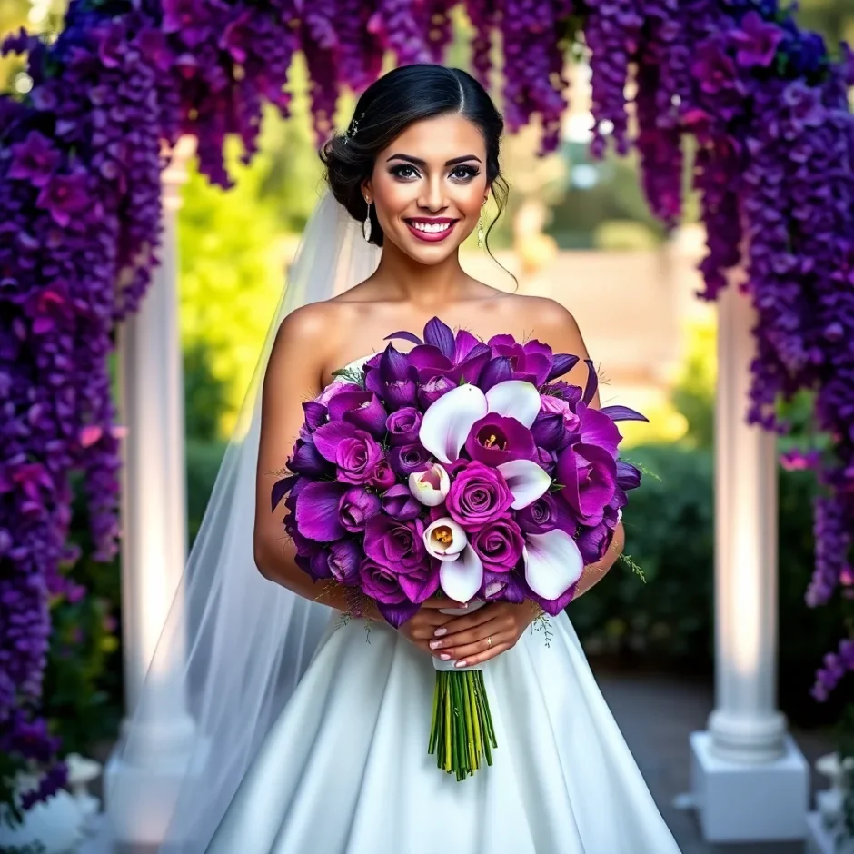 Beautiful bride holding a lush purple wedding bouquet with roses and orchids, standing in front of a vibrant purple floral backdrop.