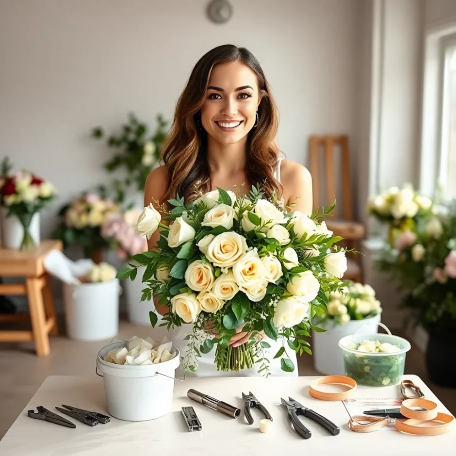 Smiling woman arranging fresh bulk wedding flowers with essential DIY florist tools on a wooden table, showcasing wholesale floral supplies for event design.