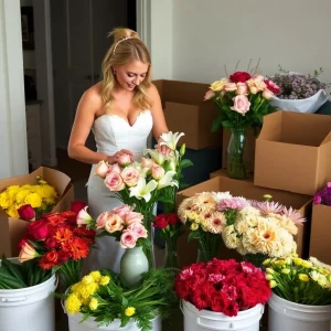 Smiling woman arranging bulk wholesale flowers in open boxes, surrounded by colorful fresh blooms ready for wedding and event décor – Whole Blossoms.