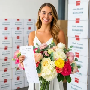 Smiling woman in white dress holding a large bouquet of wholesale flowers from Whole Blossoms, showcasing fresh blooms available to the public.