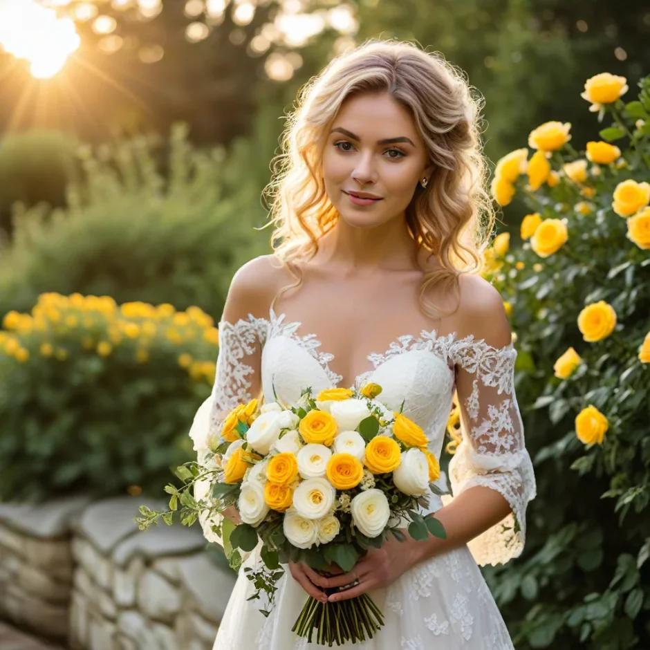 Bride holding a vibrant bouquet of yellow roses with greenery, standing outdoors in natural sunlight, symbolizing joy and elegance for wedding celebrations.