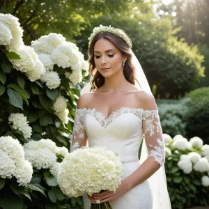 Bride holding an elegant bouquet of white hydrangea wedding flowers, standing beside a lush floral arch decorated with white hydrangeas — perfect for classic and timeless ceremonies.