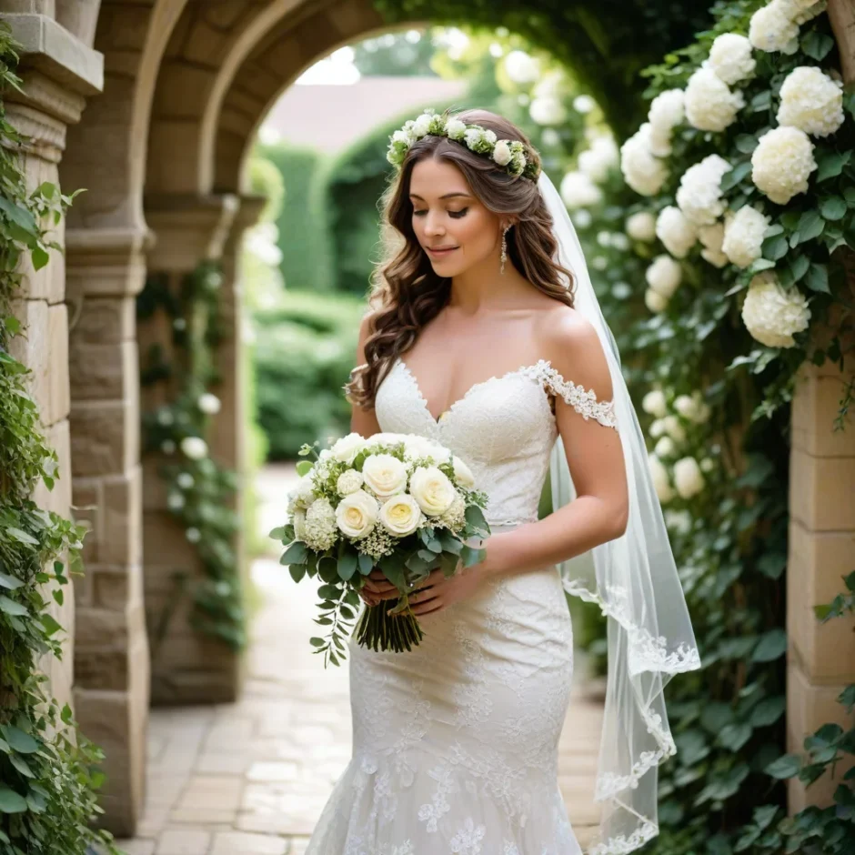 Elegant bride holding a cascading bouquet of courtyard wedding flowers with lush white hydrangeas and roses, standing in a romantic stone courtyard surrounded by greenery.