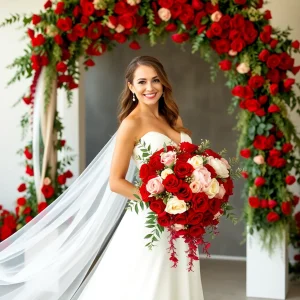 Bride in a white gown holding a dramatic cascading bouquet of bold red roses and greenery, standing beside a vibrant red rose floral arch for a passionate wedding theme.