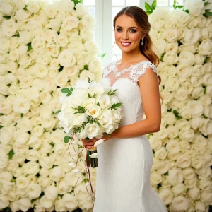 Bride holding an elegant white rose bouquet, standing before a stunning white floral wall backdrop, perfect for a classic wedding photo display.