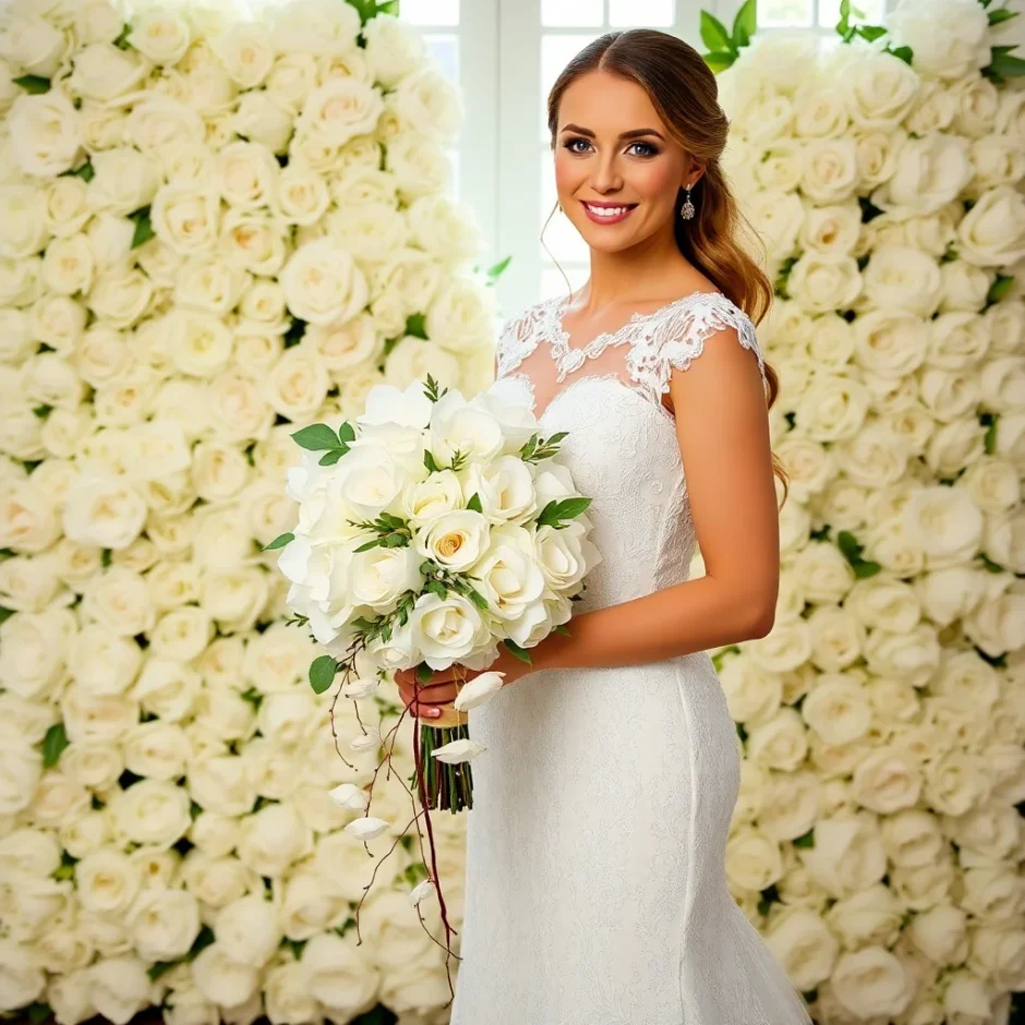 Bride holding an elegant white rose bouquet, standing before a stunning white floral wall backdrop, perfect for a classic wedding photo display.