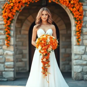 Beautiful bride holding a cascading bouquet of vibrant orange wedding flowers, standing beneath a floral arch of marigolds and roses for a bold autumn wedding.