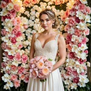 Elegant bride holding a luxury bouquet of peach and blush Juliet roses, framed by a lush floral wall of pastel blooms, perfect for high-end weddings.