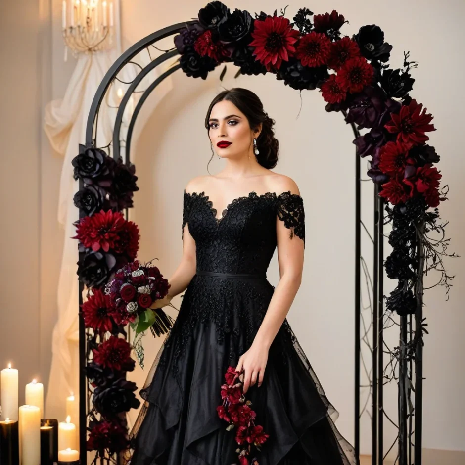 Bride in a modern black gown standing under a dramatic black floral arch of roses and calla lilies, creating a bold non-traditional wedding look.