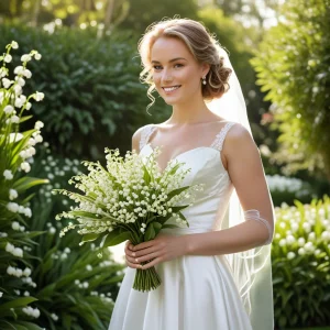 Bride holding elegant Lily of the Valley bouquet in a garden setting, showcasing timeless white wedding flowers symbolizing purity and grace.