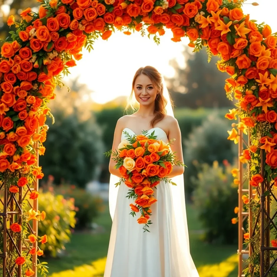 Bride holding a cascading bouquet of vibrant orange wedding flowers standing under a lush floral arch of marigolds, roses, and lilies, perfect for fall weddings.
