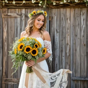 Rustic country bride holding a large sunflower bouquet, standing outdoors with greenery and wooden barn elements in the background – perfect for barn and outdoor weddings.
