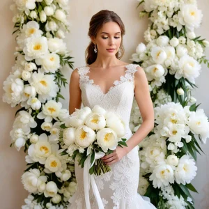 Bride holding a cascading bouquet of elegant white roses and orchids, standing against a lush backdrop of white floral arrangements – perfect for timeless wedding inspiration.