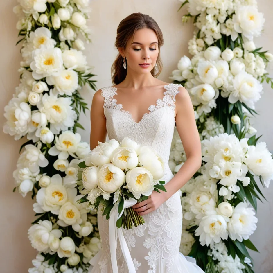 Bride holding a cascading bouquet of elegant white roses and orchids, standing against a lush backdrop of white floral arrangements – perfect for timeless wedding inspiration.