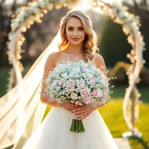 Bride holding a large white baby’s breath bouquet outdoors at sunset, showcasing elegant and timeless floral choice for weddings in 2025.