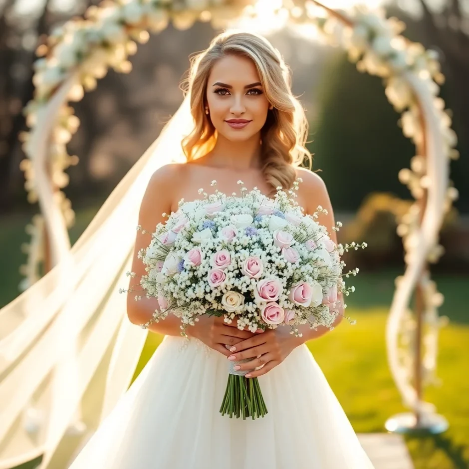 Bride holding a large white baby’s breath bouquet outdoors at sunset, showcasing elegant and timeless floral choice for weddings in 2025.