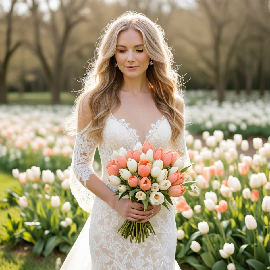 Bride standing in a blooming tulip field holding a white and pink tulip bouquet, perfect for spring wedding inspiration.