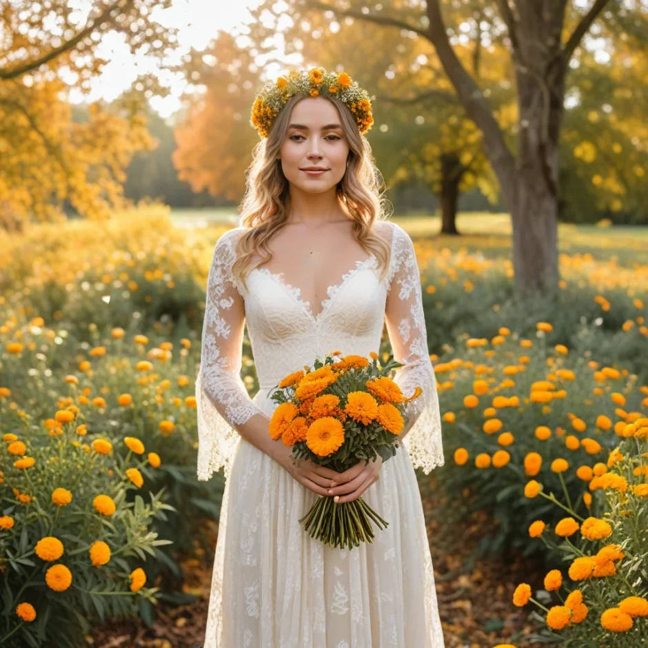 Bride standing in a golden autumn field holding a bouquet of marigold flowers, symbolizing warmth and rustic charm for a fall wedding.