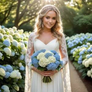 Bride holding a romantic bouquet of blue and white hydrangeas, standing in a sunlit garden with lush greenery in the background — perfect floral inspiration for hydrangea wedding flowers.