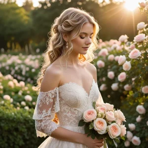 Romantic bride holding a cascading bouquet of blush and peach garden roses, standing in soft golden light with greenery in the background, perfect for elegant wedding inspiration.
