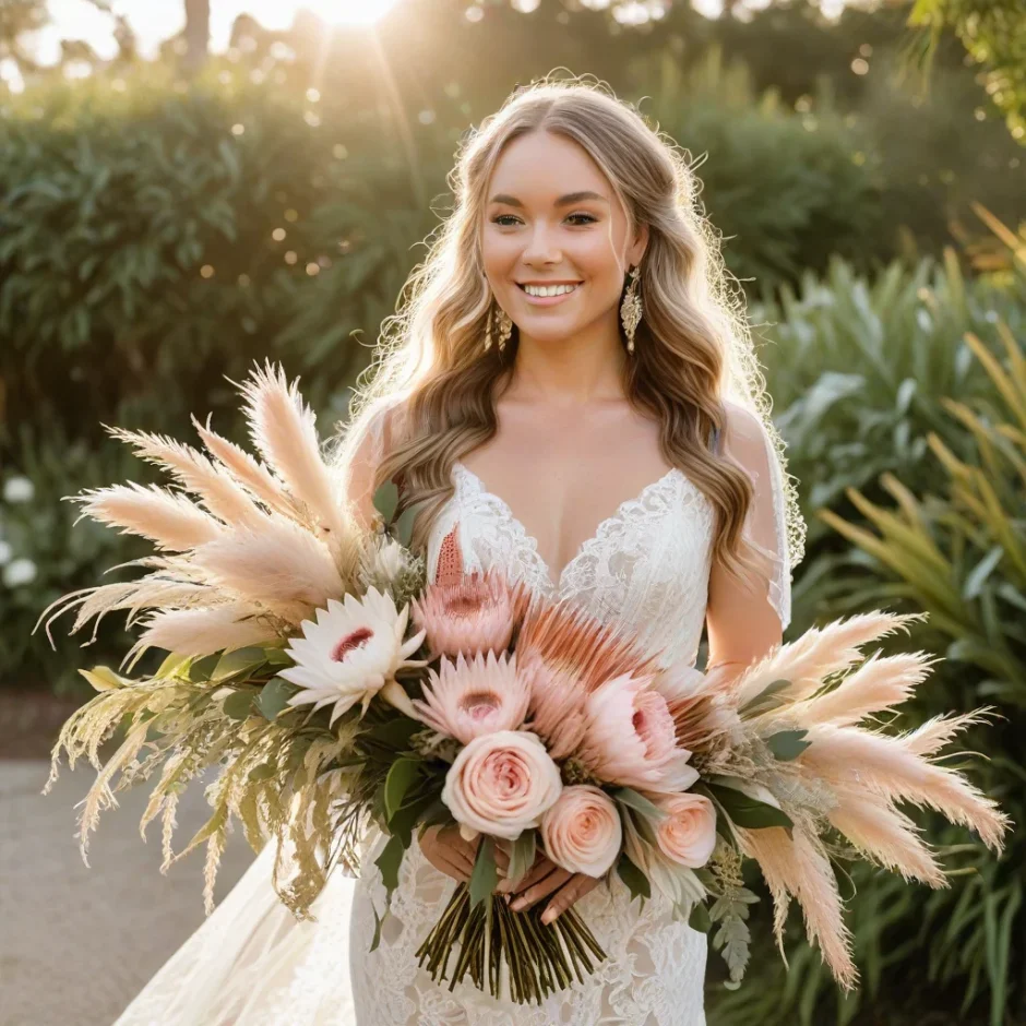 Bride holding a stunning King Protea bouquet with pampas grass and blush roses, standing outdoors in natural light — perfect for rustic and boho weddings.