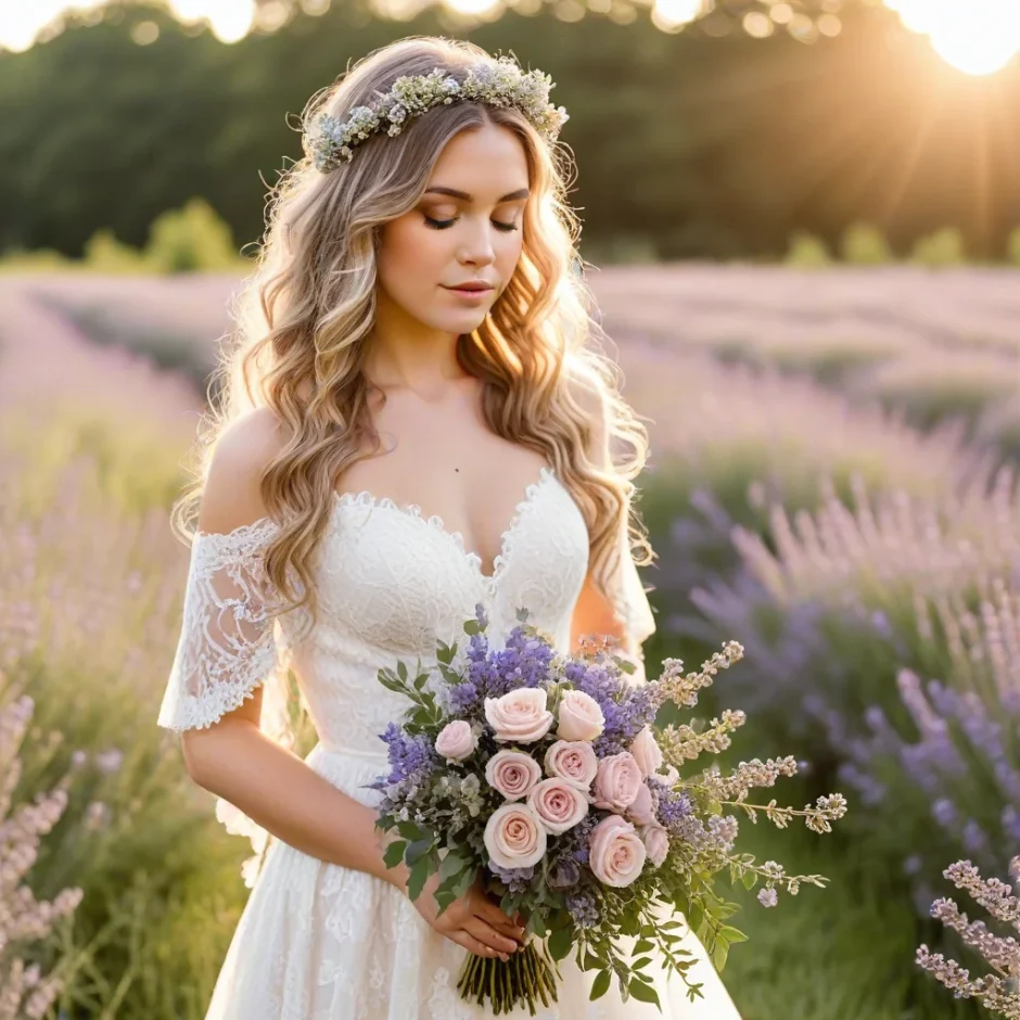 Bride in a white lace gown holding a cascading bouquet of lavender roses, standing in a blooming lavender field. Perfect for romantic lavender rose wedding flowers inspiration.