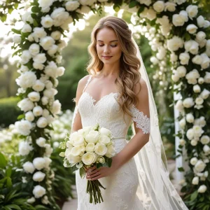 Bride in elegant lace gown holding a cascading bouquet of white wedding flowers, including roses, hydrangeas, and lilies, standing in front of a lush floral wall backdrop at an outdoor ceremony.