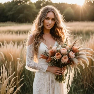 Boho bride holding a large pampas grass wedding bouquet with blush roses, eucalyptus, and dried accents, perfect for rustic outdoor weddings.