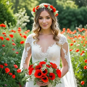 Bride holding a vibrant bouquet of fresh red poppy flowers with greenery, standing outdoors in natural light, perfect for rustic and romantic weddings.