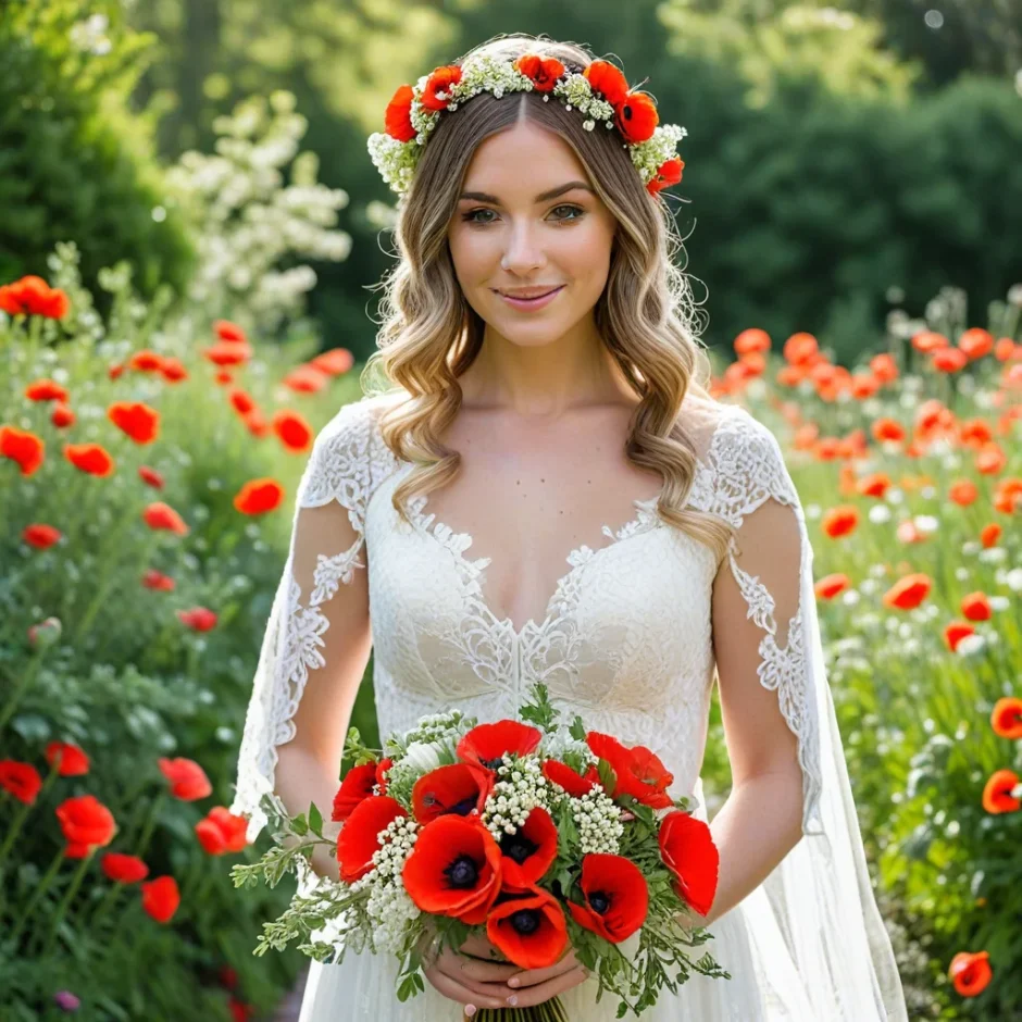 Bride holding a vibrant bouquet of fresh red poppy flowers with greenery, standing outdoors in natural light, perfect for rustic and romantic weddings.