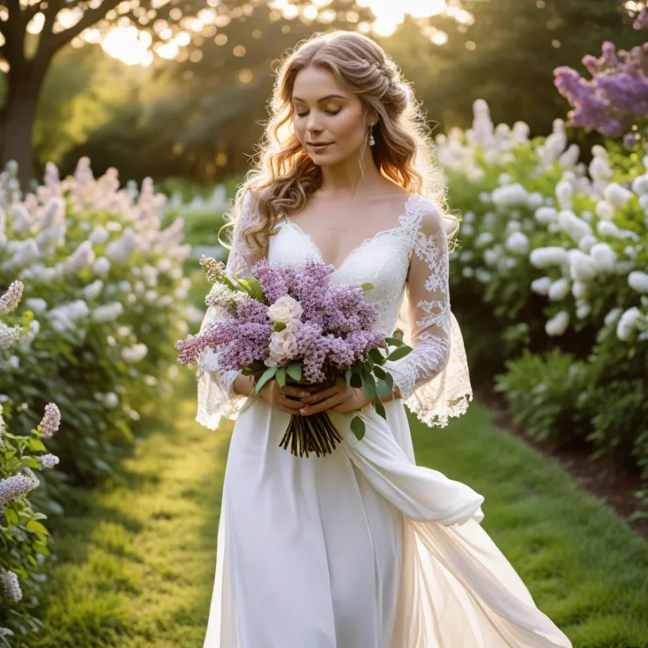 Elegant bride walking through a garden holding a cascading bouquet of fresh lilac flowers mixed with ivory roses and greenery, perfect for spring weddings.