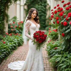 Elegant bride holding a cascading bouquet of red flowers with lush greenery accents, standing in a romantic courtyard wedding setting with stone archways and floral arrangements.