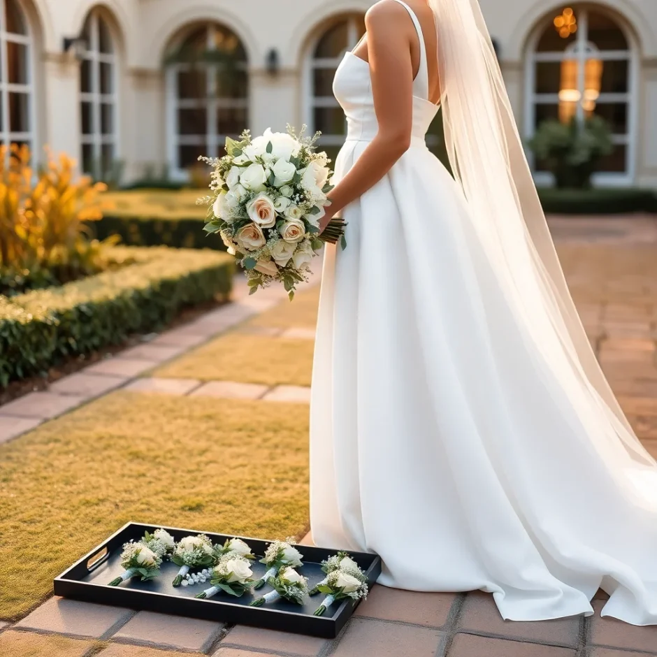 Bride walking through a courtyard carrying a white bouquet with cascading greenery, showcasing elegant wedding flowers for an outdoor ceremony.