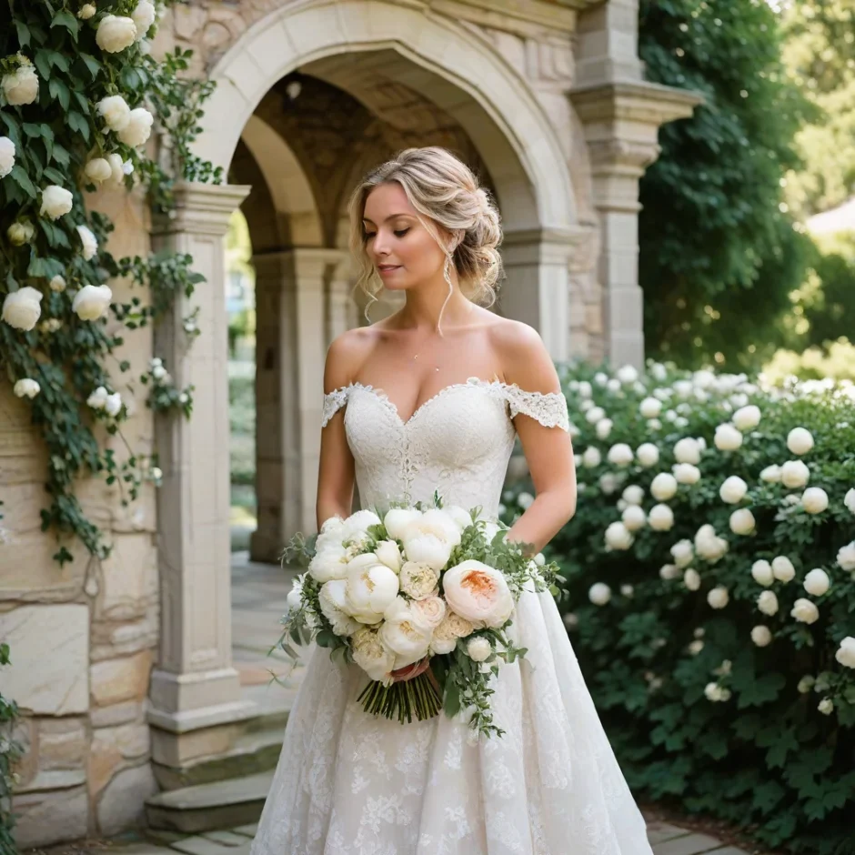 Bride holding elegant ivory and blush bouquet standing in front of a historic courtyard venue adorned with classic white floral arches and greenery décor.