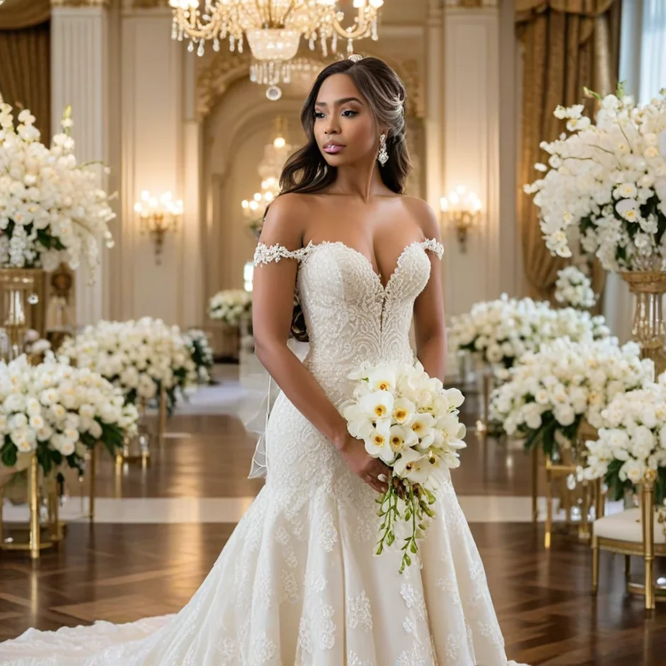 Bride in elegant ballroom with white roses, orchids, and hydrangeas, surrounded by tall floral centerpieces and chandeliers for a timeless romantic look.
