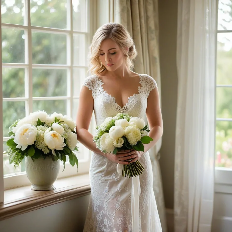 Bride holding bouquet of white roses and hydrangeas in a sunlit room with elegant home wedding flowers and soft candlelit décor for an intimate ceremony.