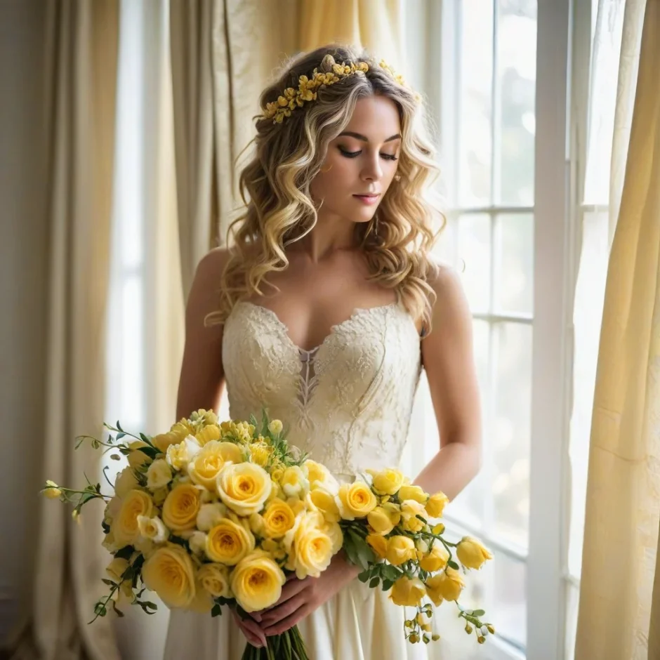 Elegant bride holding a lush bouquet of yellow roses and ranunculus, standing by soft window light in a golden-toned ballroom before her wedding.