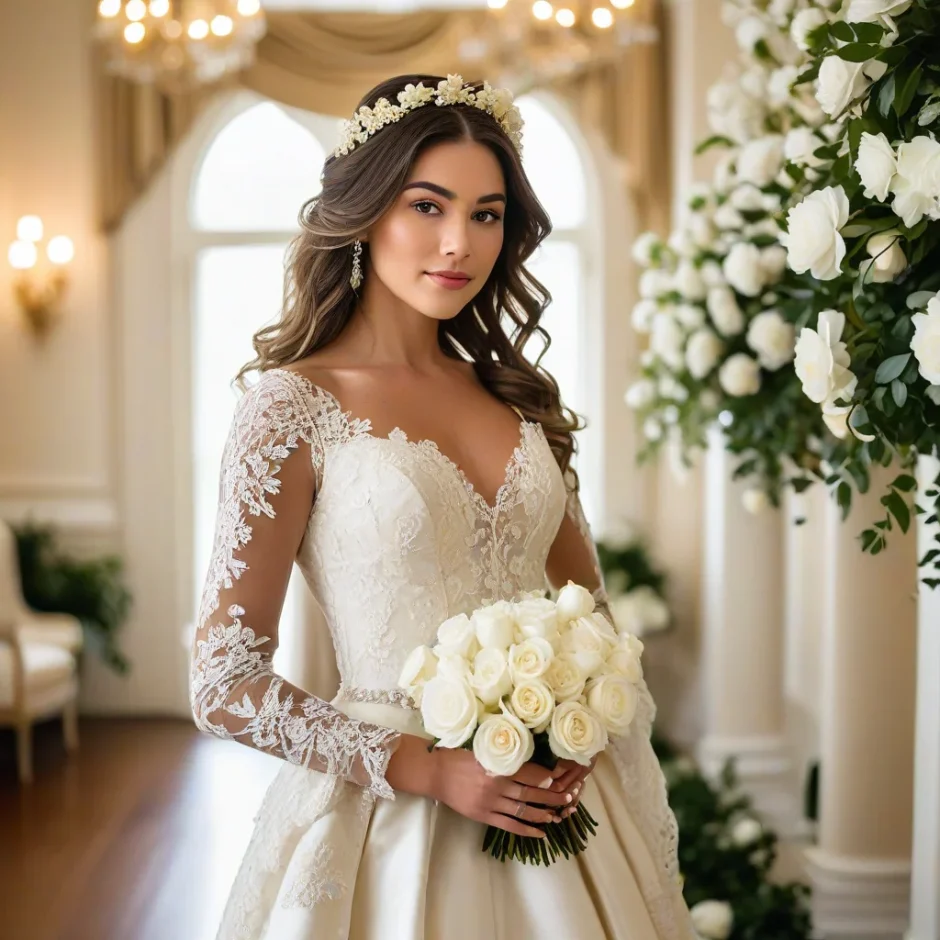 Elegant bride holding a white rose bouquet surrounded by ivory blooms and candlelight—perfect inspiration for white rose wedding décor.