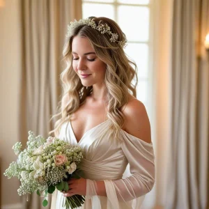 Elegant bride holding a soft bouquet of white and blush Baby’s Breath, roses, and greenery in a golden-lit ballroom for a romantic 2025 wedding look.