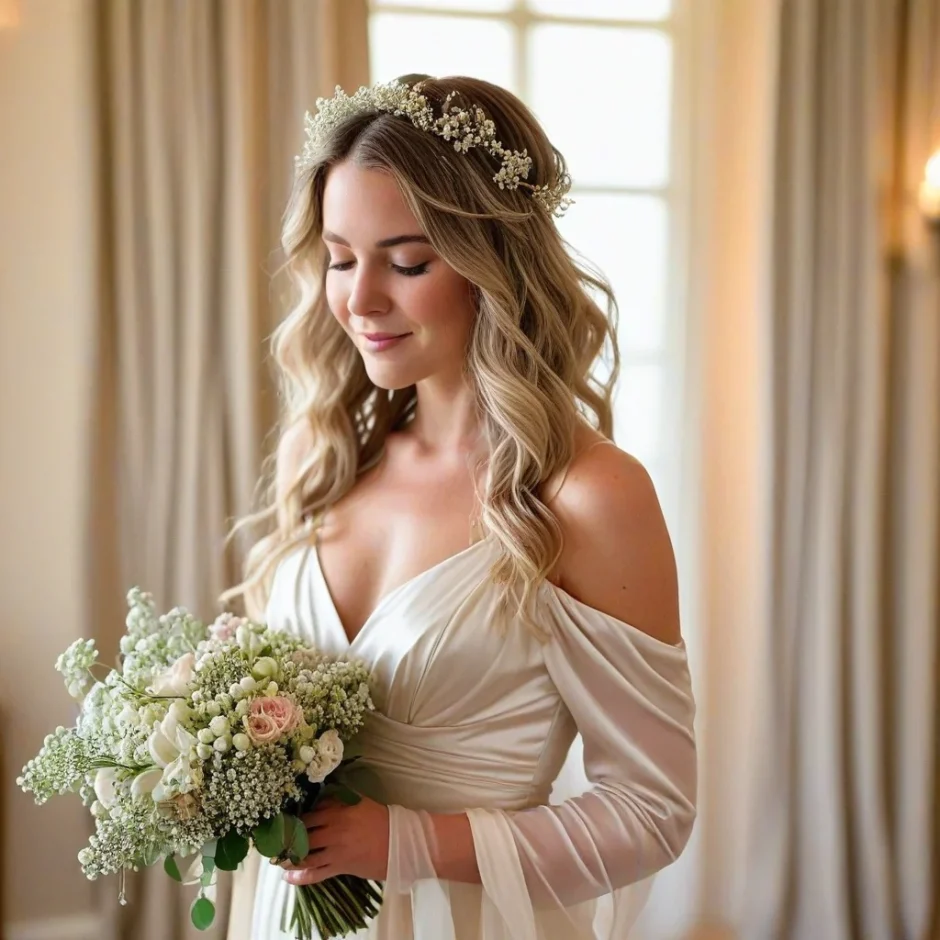 Elegant bride holding a soft bouquet of white and blush Baby’s Breath, roses, and greenery in a golden-lit ballroom for a romantic 2025 wedding look.