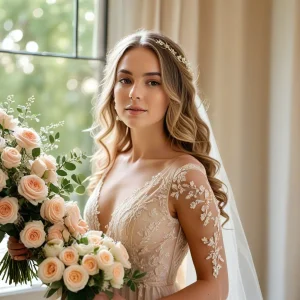 Elegant bride holding a blush Spray Rose Wedding Bouquet with ivory and peach roses, soft greenery, and romantic lighting for timeless wedding inspiration.