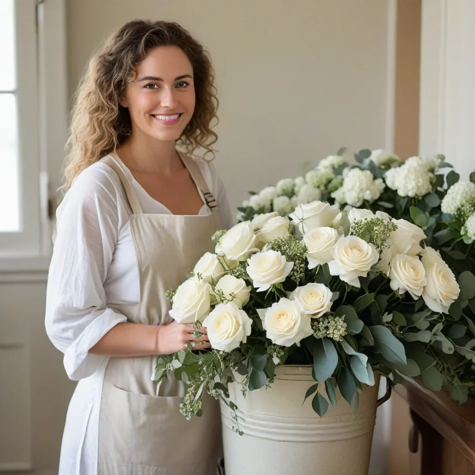 Bride holding elegant bouquet of white roses beside a floral cooler filled with wholesale bulk flowers, showing perfect fresh flower storage.