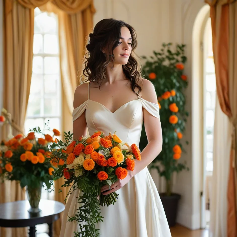 Bride in white gown holding vibrant orange rose bouquet, standing by window with sunlight highlighting warm tones for elegant large-scale event inspiration.